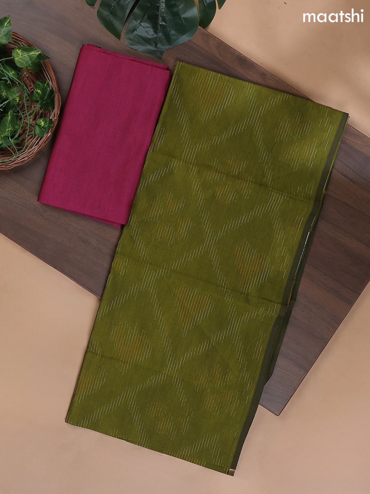 Mehendi Green and Pink Ikat Dress Material With Ikat Weaves