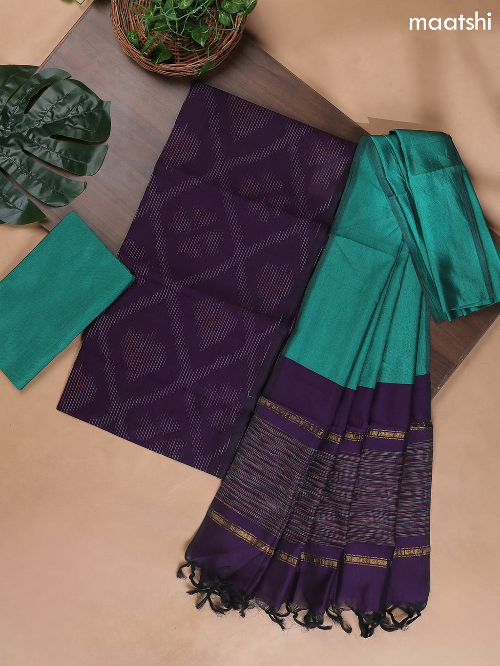 Deep Purple and Teal Green Ikat Dress Material With Ikat Weaves