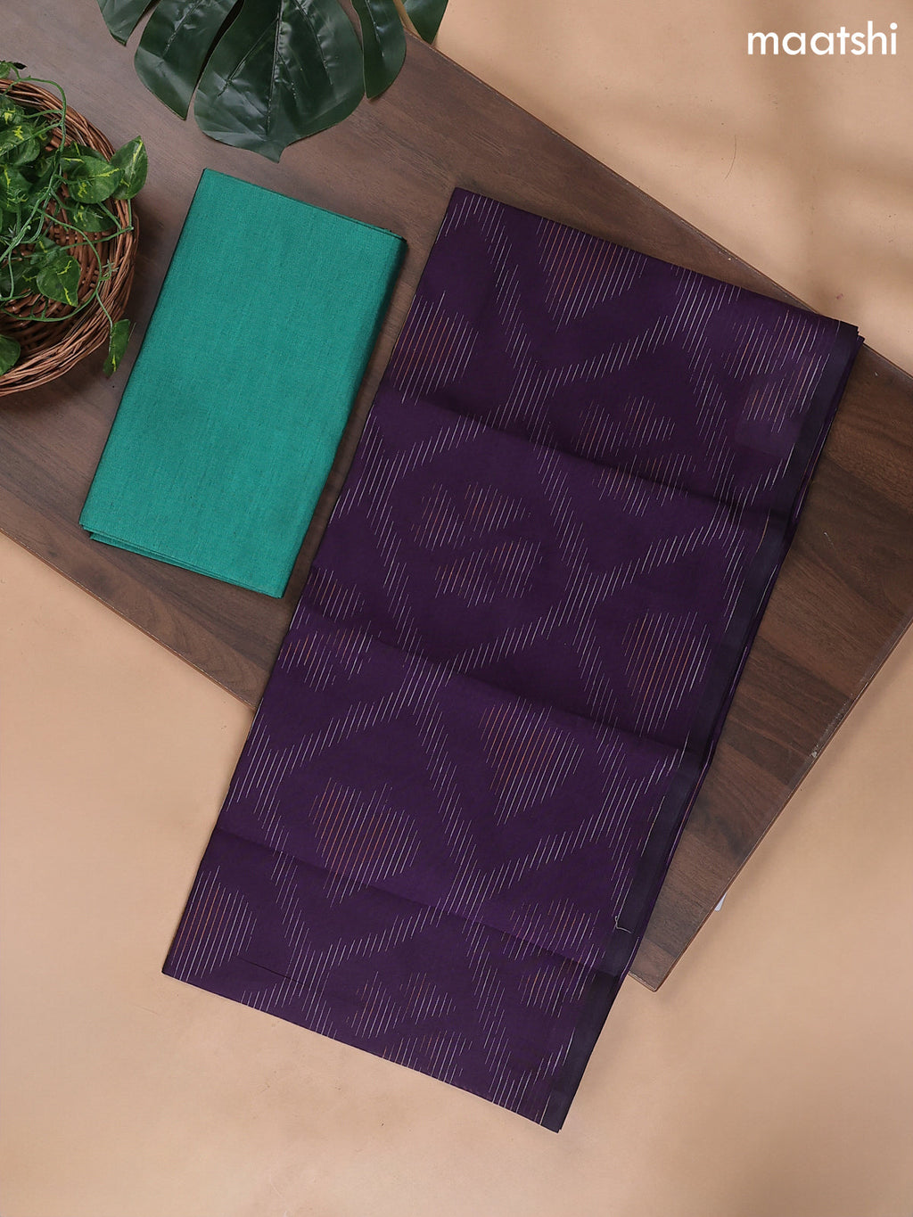 Deep Purple and Teal Green Ikat Dress Material With Ikat Weaves