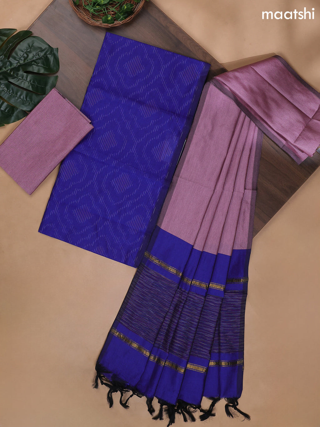 Royal Blue and Mauve Pink Ikat Dress Material With Ikat Weaves