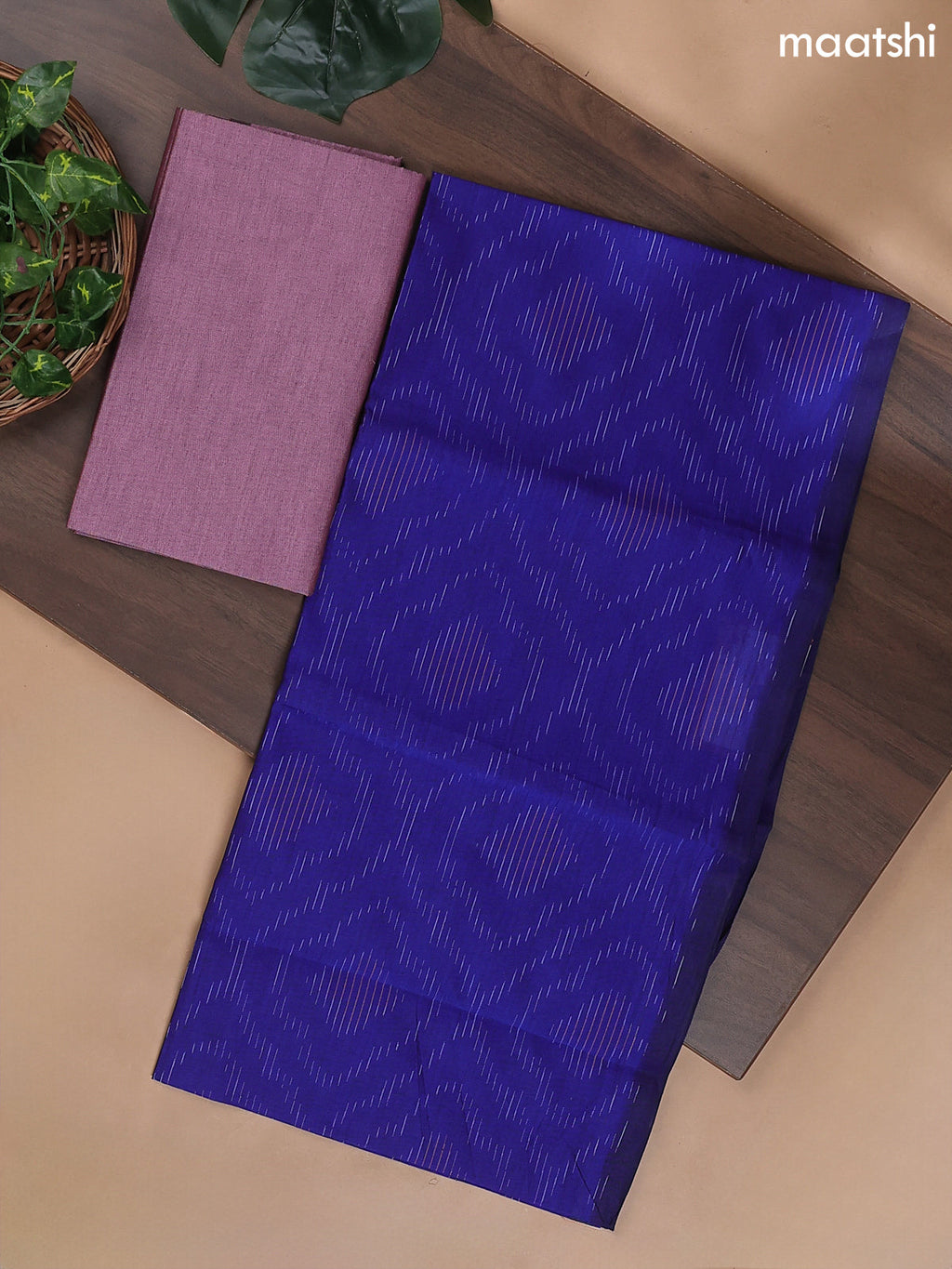 Royal Blue and Mauve Pink Ikat Dress Material With Ikat Weaves