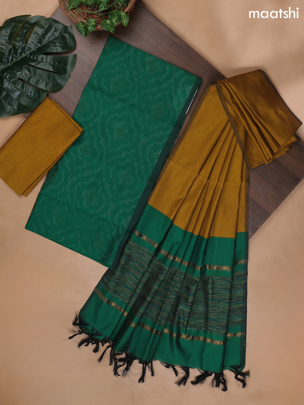Green and Mustard Yellow Ikat Dress Material With Ikat Weaves