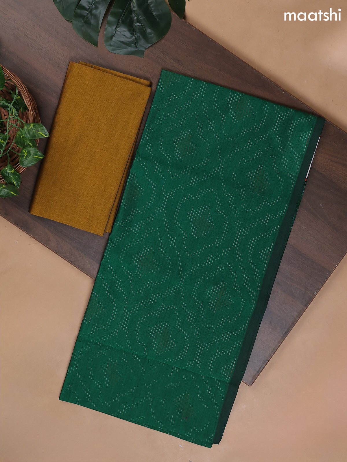 Green and Mustard Yellow Ikat Dress Material With Ikat Weaves
