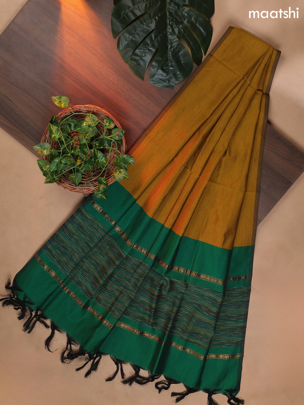 Green and Mustard Yellow Ikat Dress Material With Ikat Weaves