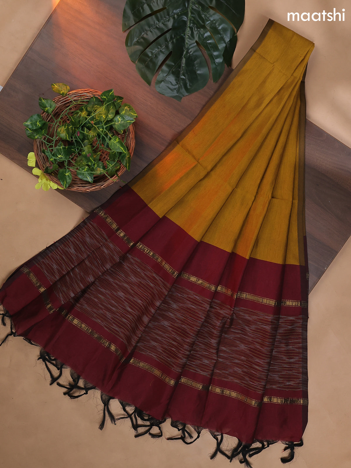 Maroon and Dark Mustard Ikat Dress Material With Ikat Weaves