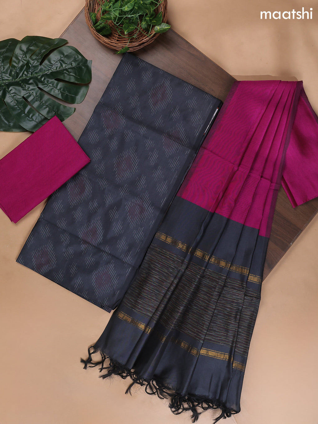 Dark Grey and Pink Ikat Dress Material With Ikat Weaves