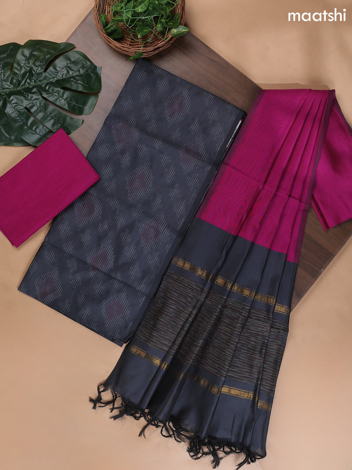 Dark Grey and Pink Ikat Dress Material With Ikat Weaves