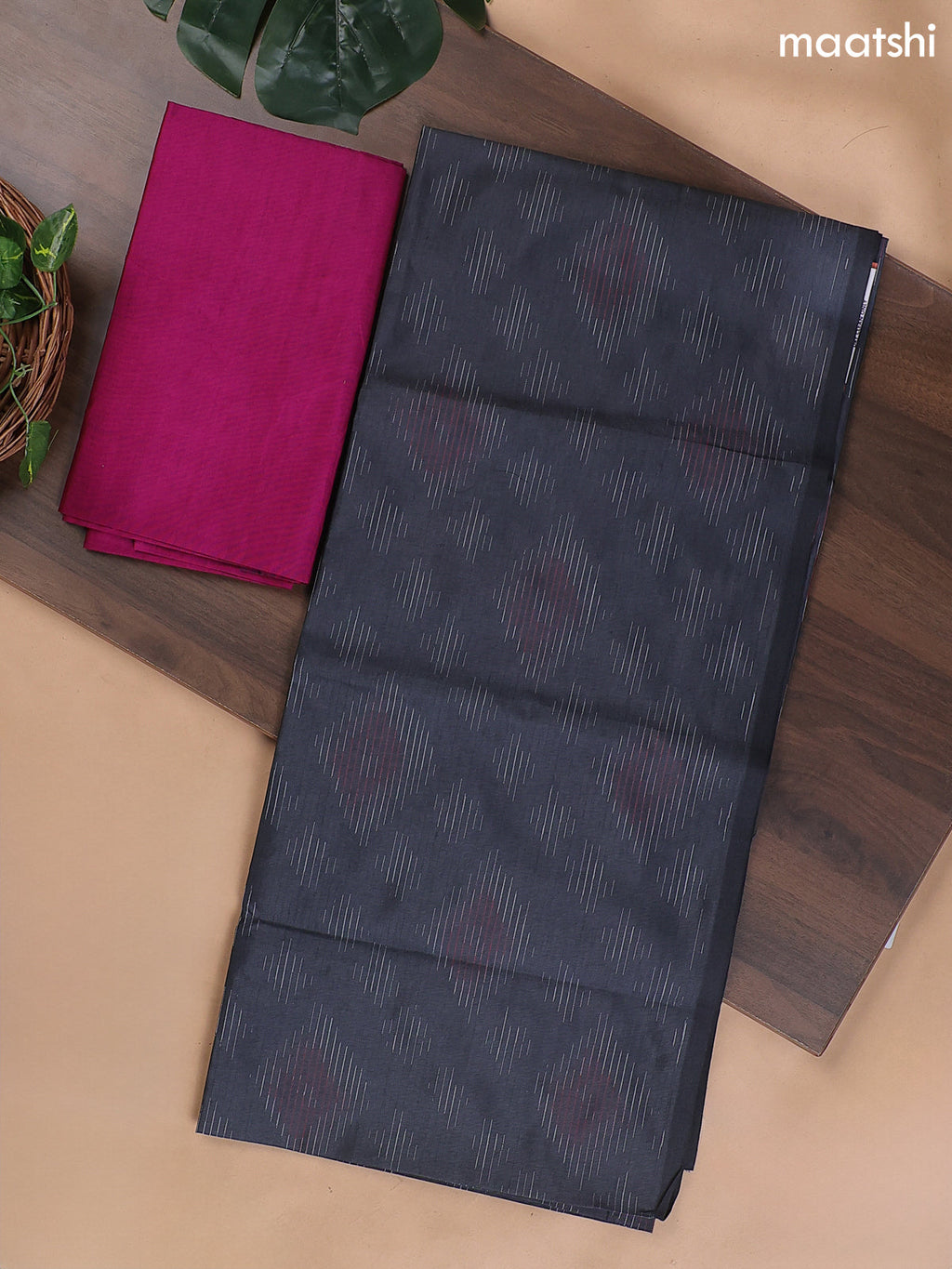 Dark Grey and Pink Ikat Dress Material With Ikat Weaves
