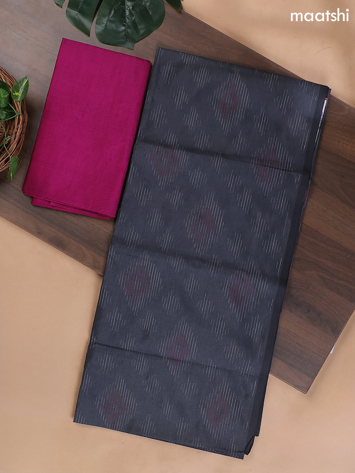 Dark Grey and Pink Ikat Dress Material With Ikat Weaves