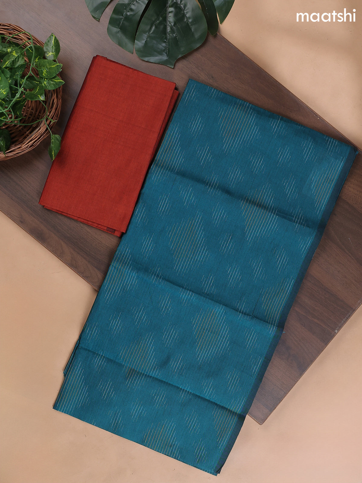 Teal Blue and Rust Ikat Dress Material With Ikat Weaves