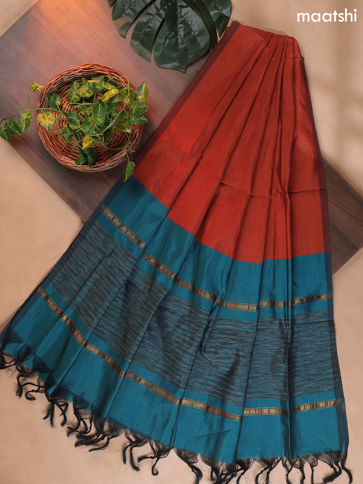 Teal Blue and Rust Ikat Dress Material With Ikat Weaves