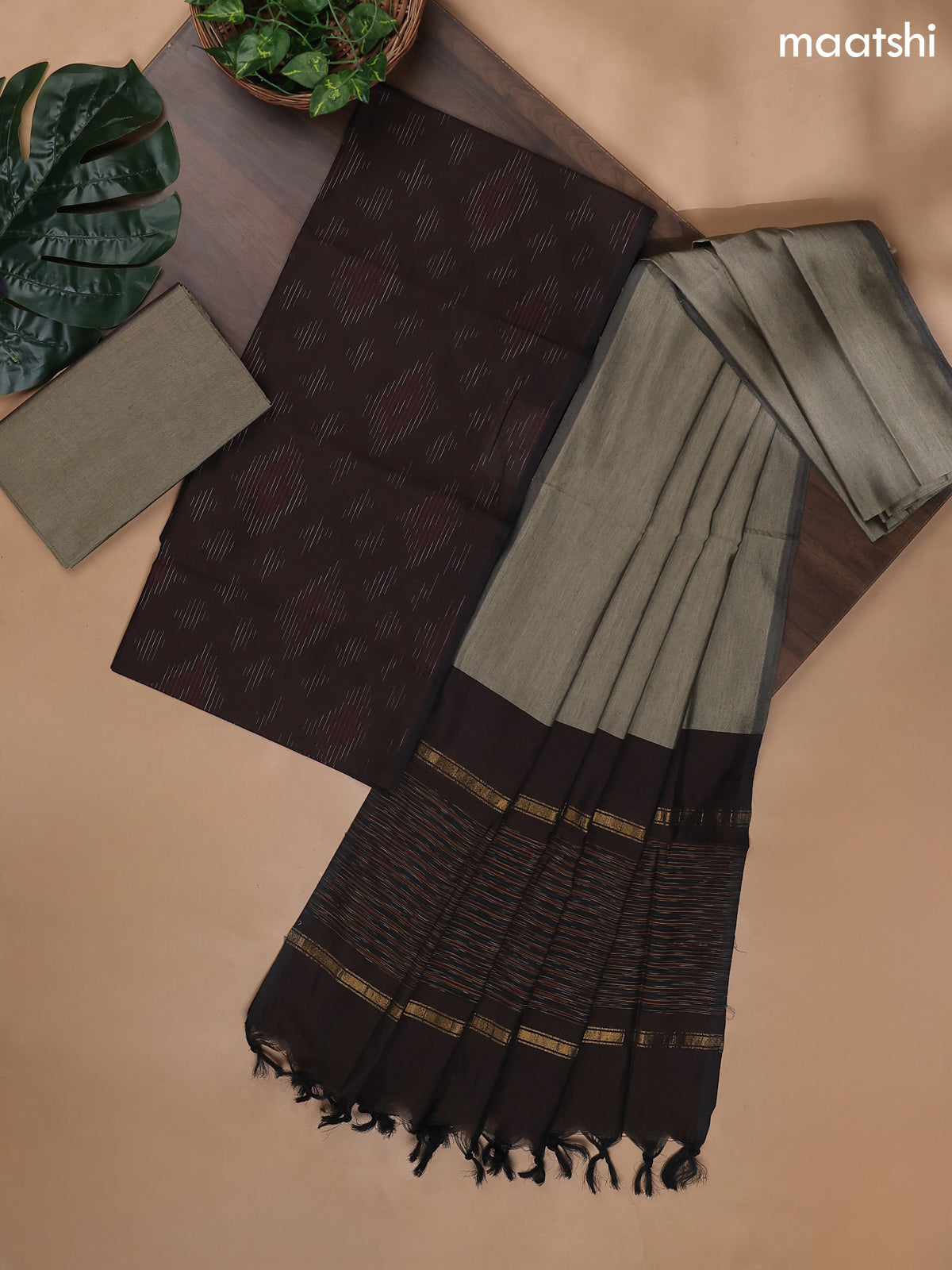 Deep Coffe Brown and Beige Ikat Dress Material With Ikat Weaves