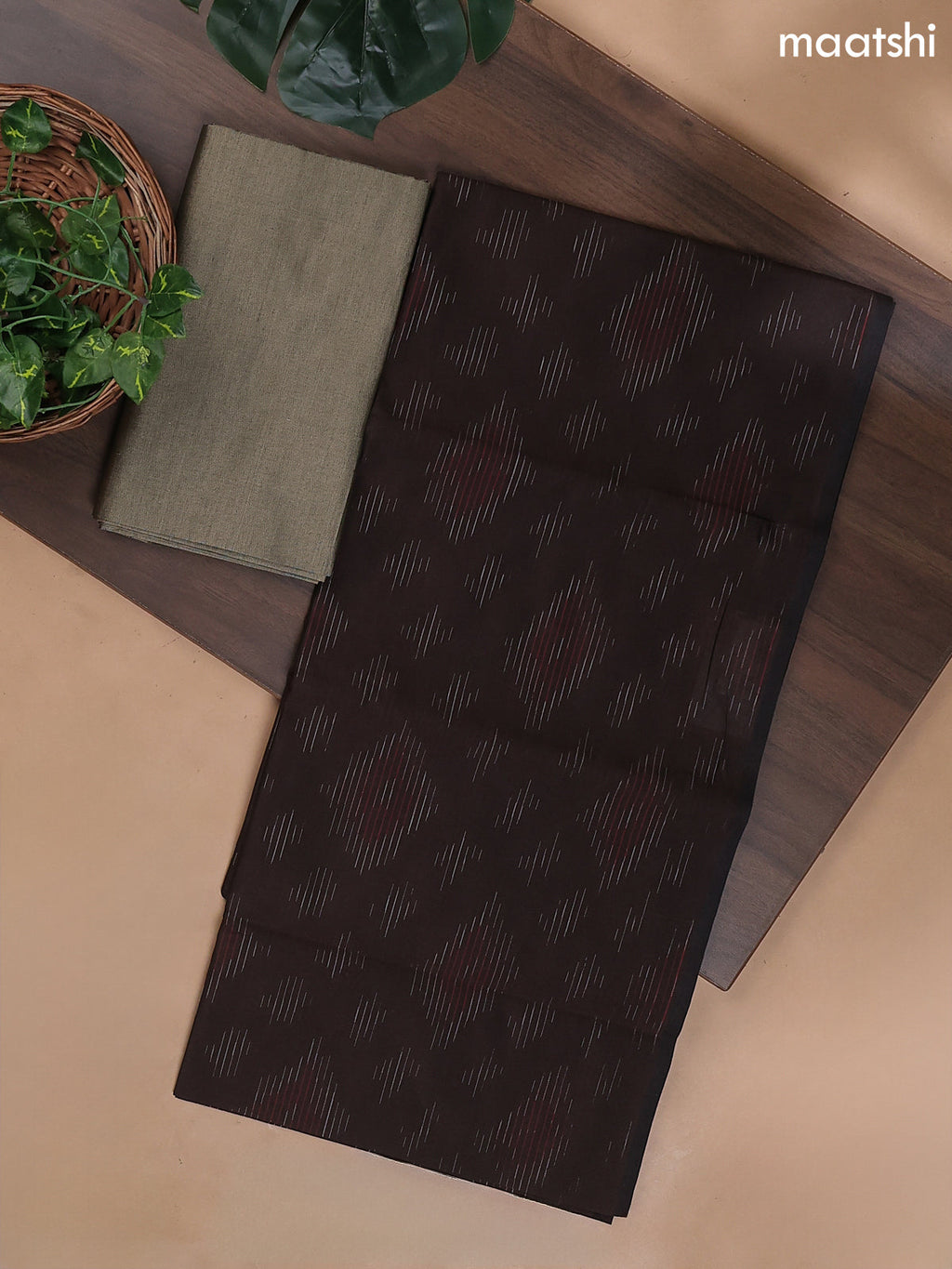 Deep Coffe Brown and Beige Ikat Dress Material With Ikat Weaves