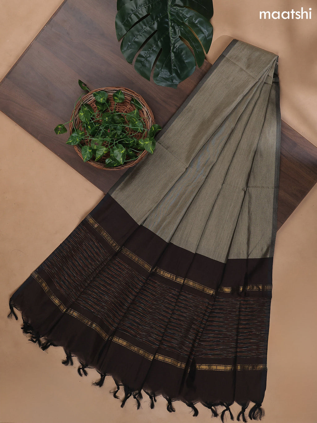 Deep Coffe Brown and Beige Ikat Dress Material With Ikat Weaves