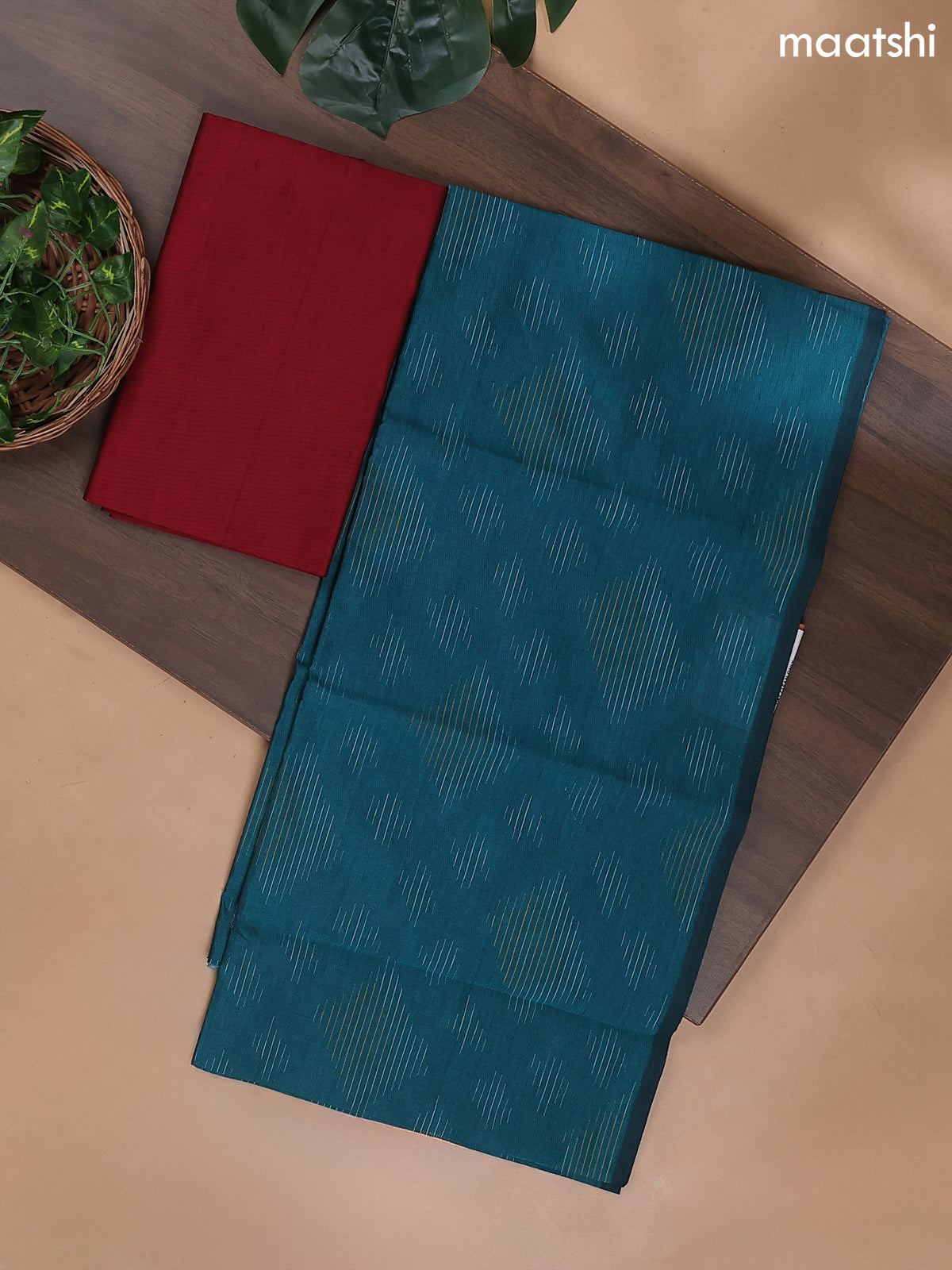 Teal Blue and Maroon Ikat Dress Material With Ikat Weaves