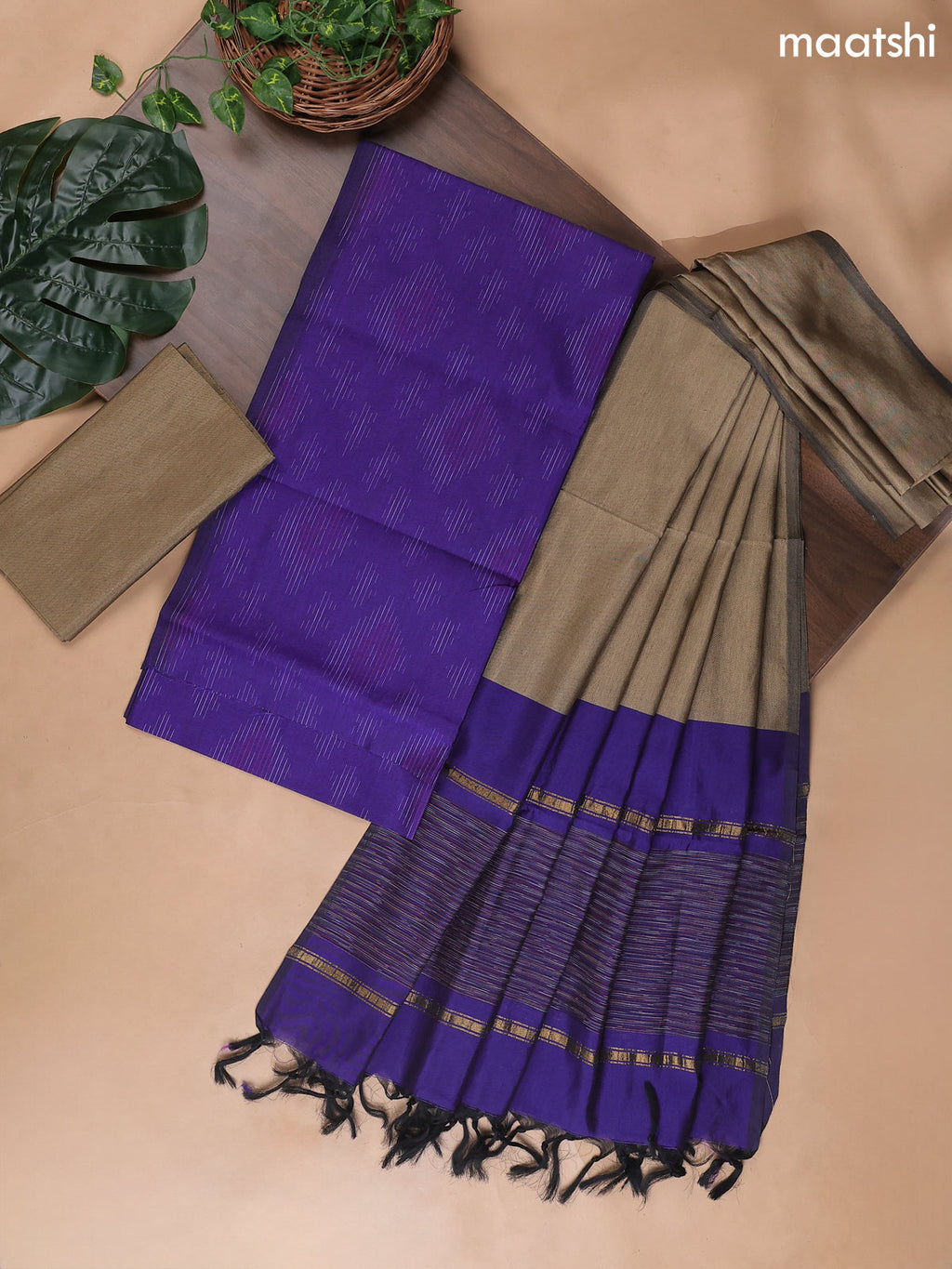 Violet and Brown Ikat Dress Material With Ikat Weaves