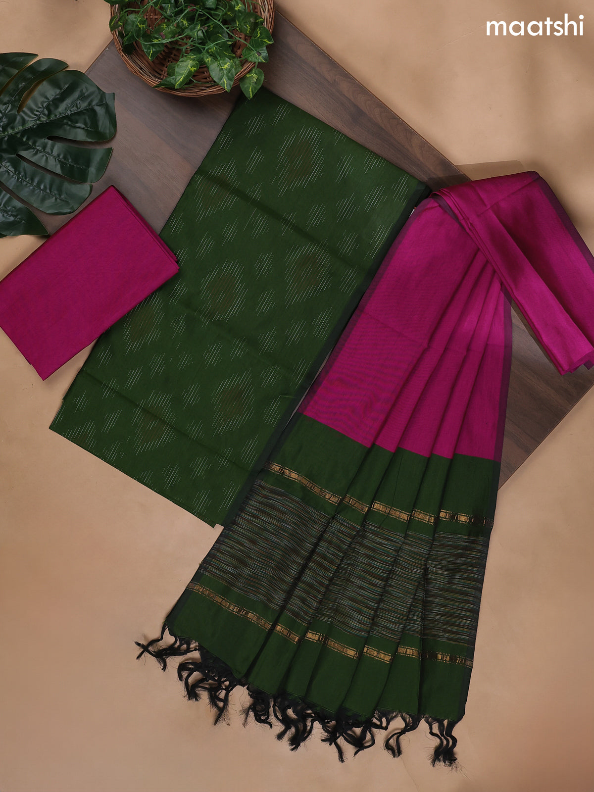 Sap Green and Pink Ikat Dress Material With Ikat Weaves