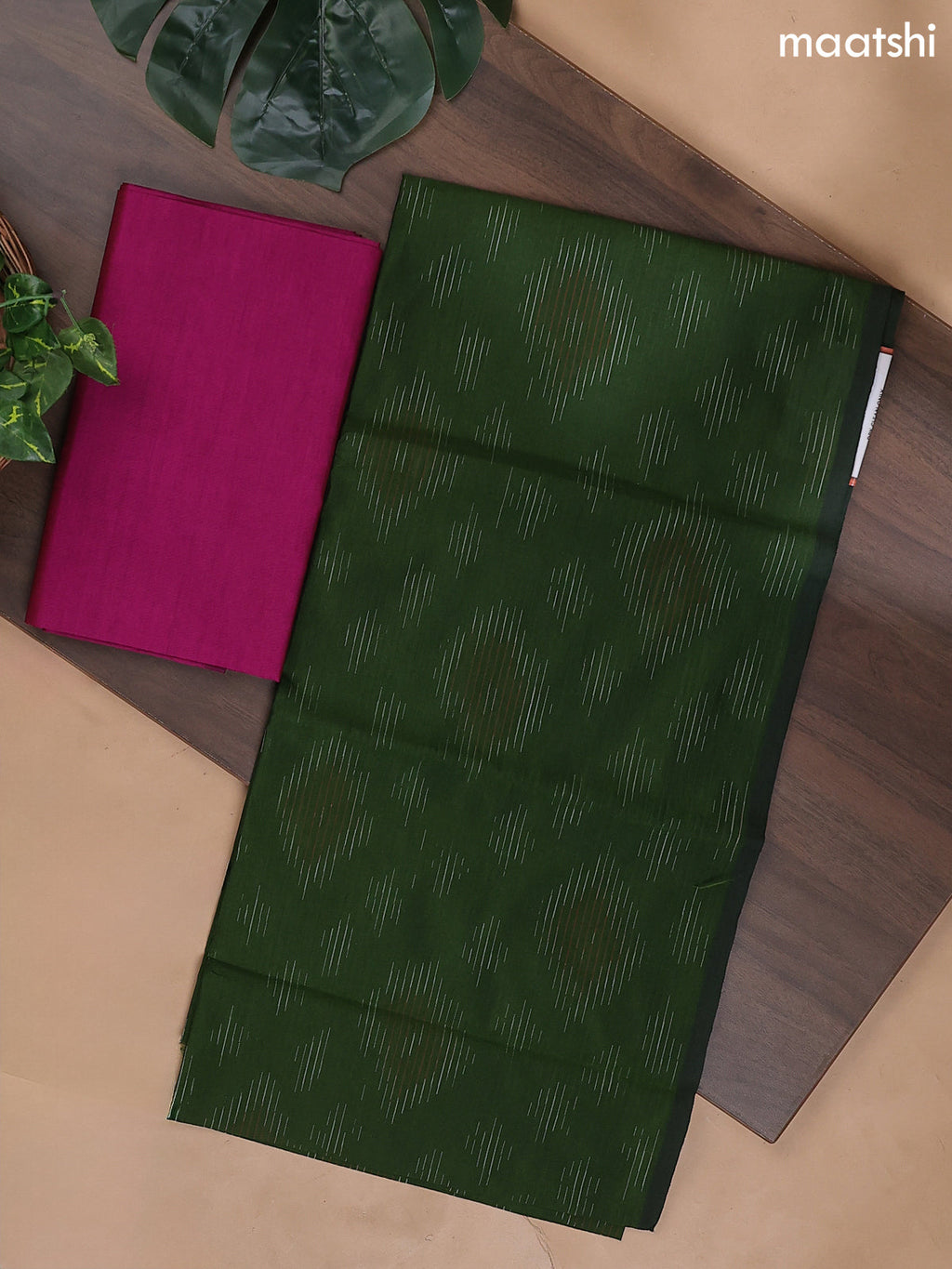 Sap Green and Pink Ikat Dress Material With Ikat Weaves