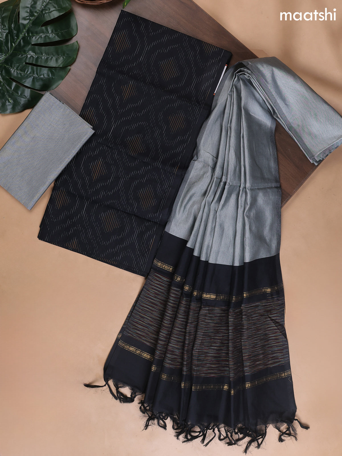Black and Grey Ikat Dress Material With Ikat Weaves