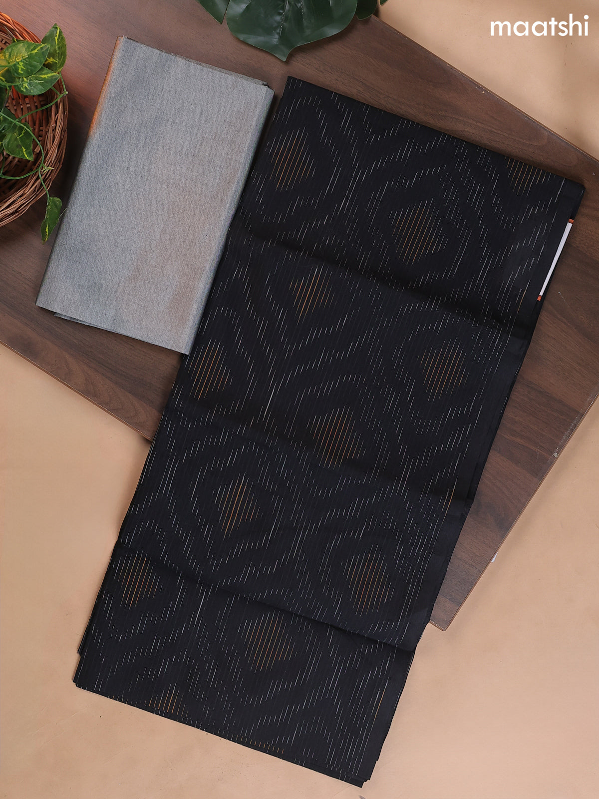 Black and Grey Ikat Dress Material With Ikat Weaves