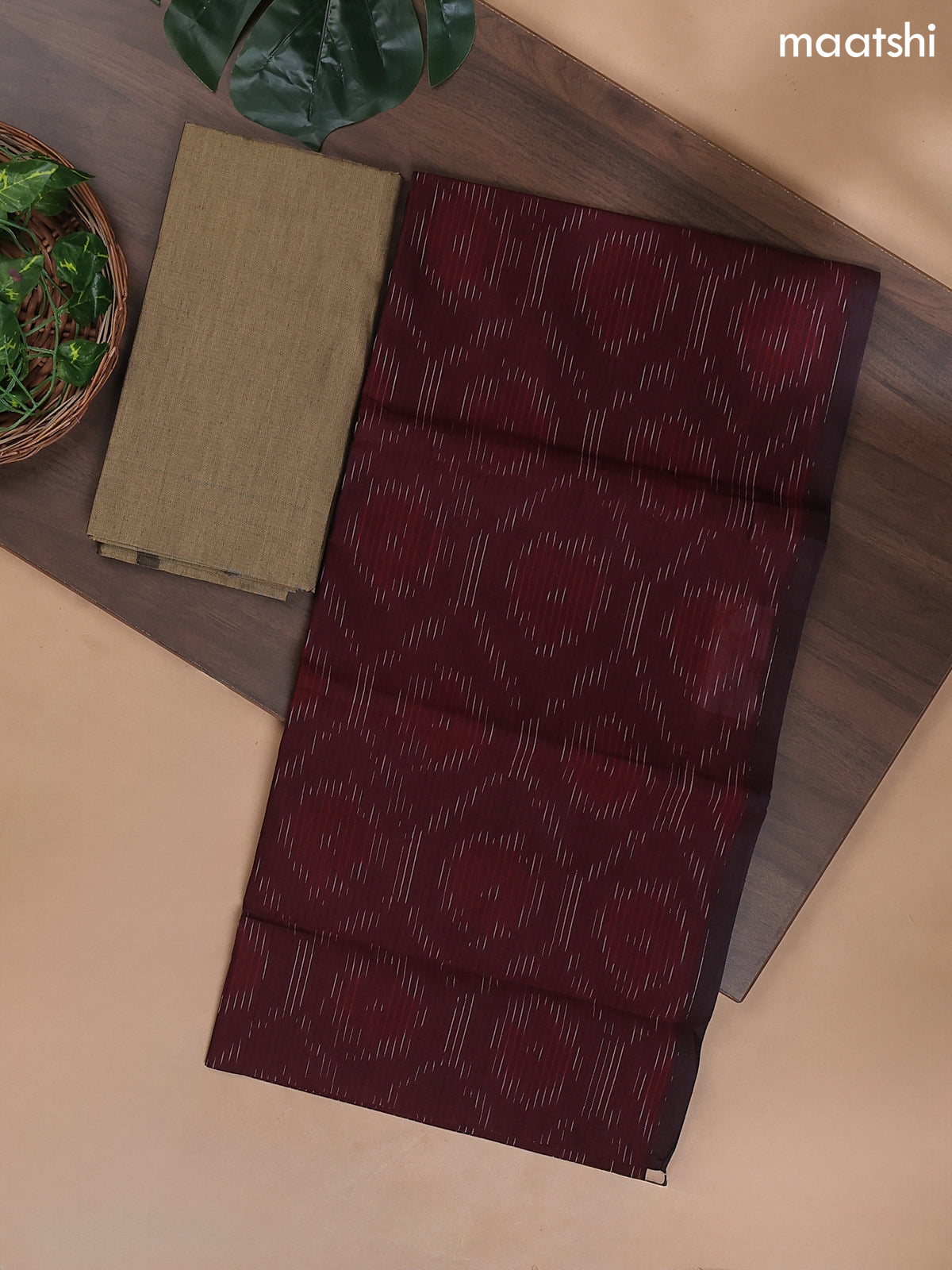 Deep Maroon and Beige Ikat Dress Material With Ikat Weaves