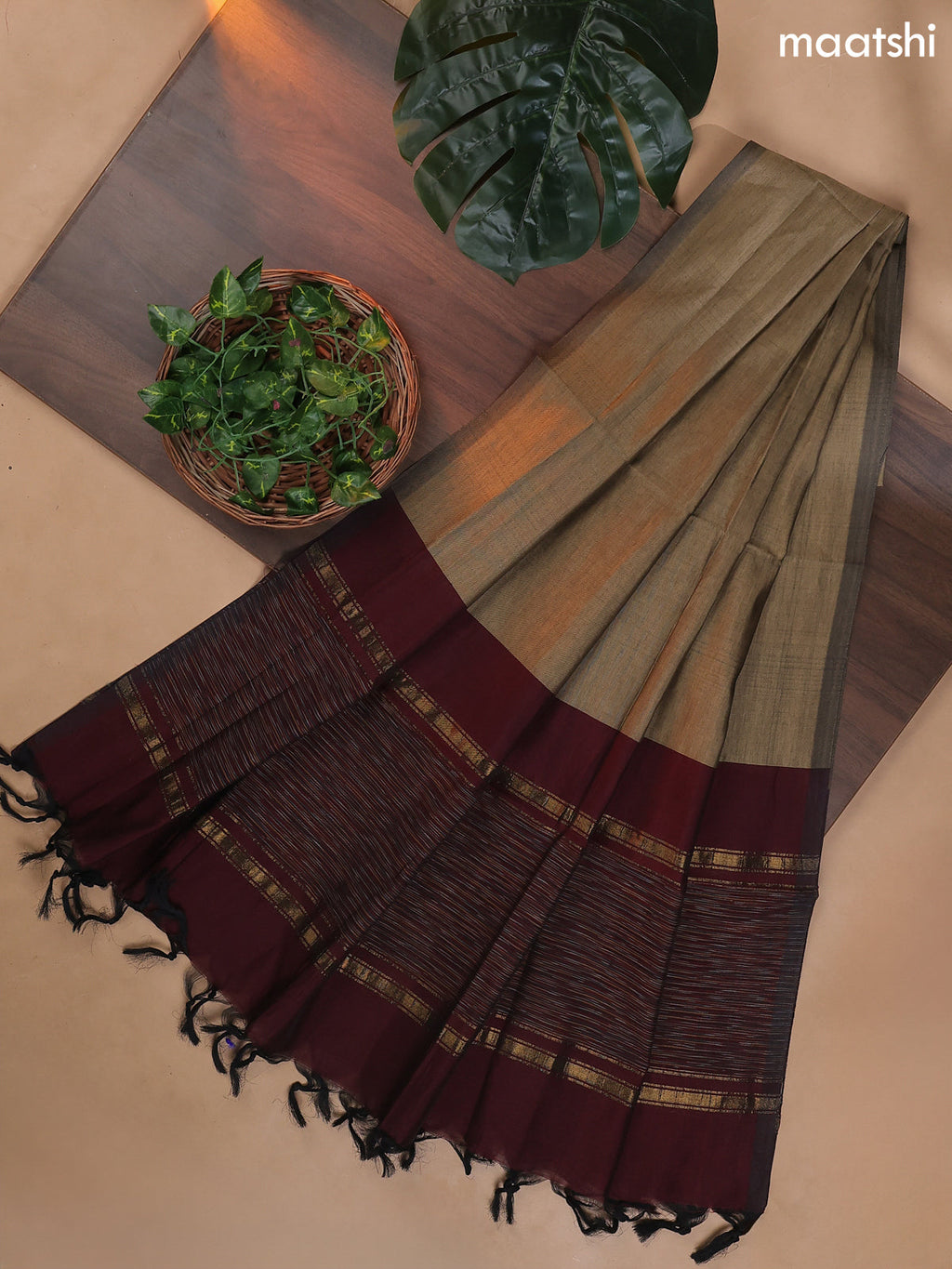 Deep Maroon and Beige Ikat Dress Material With Ikat Weaves