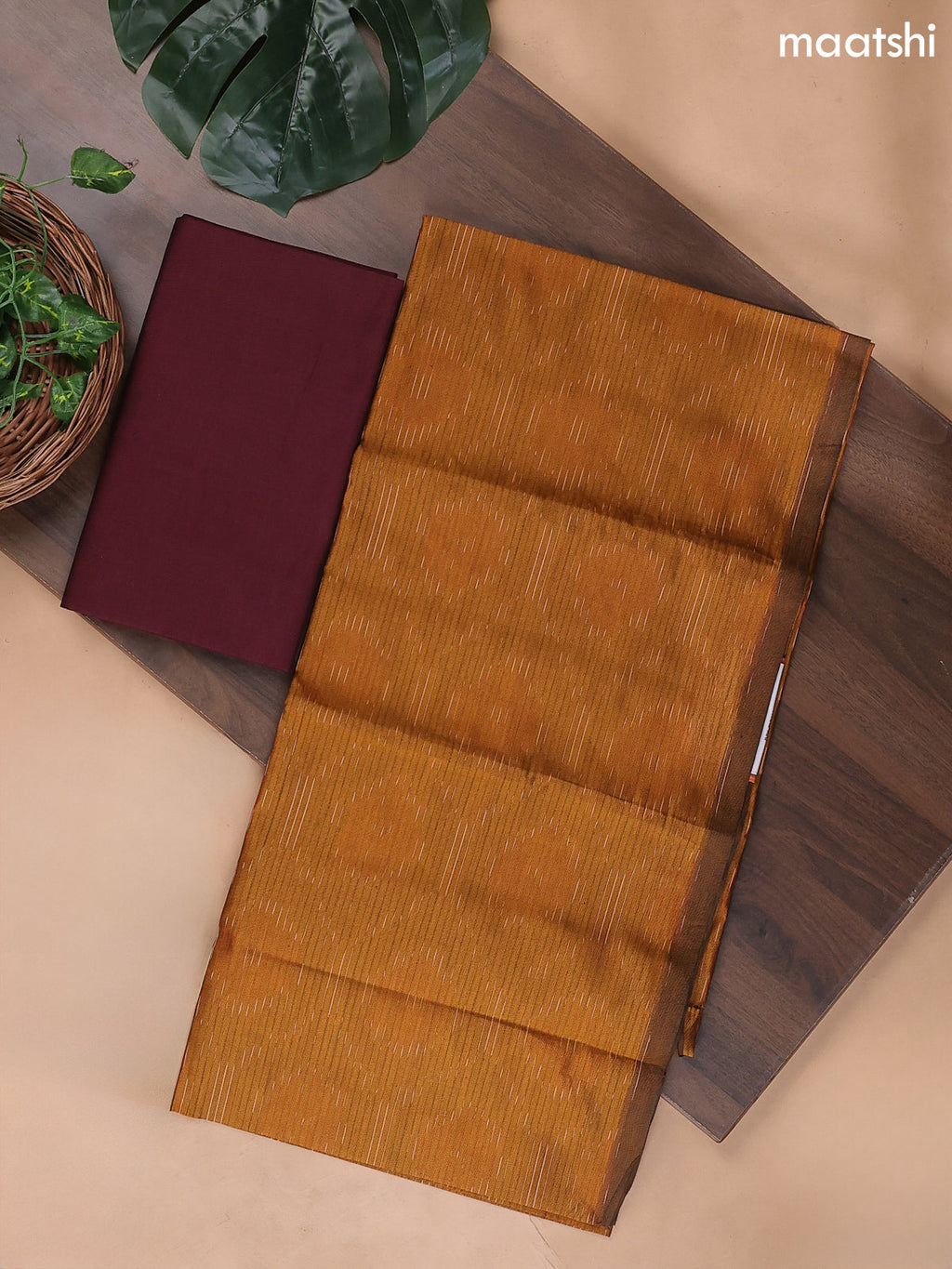 Dark Mustard and Deep Maroon Ikat Dress Material With Ikat Weaves
