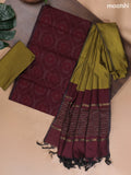 Deep Maroon and Mehendi Green Ikat Dress Material With Ikat Weaves