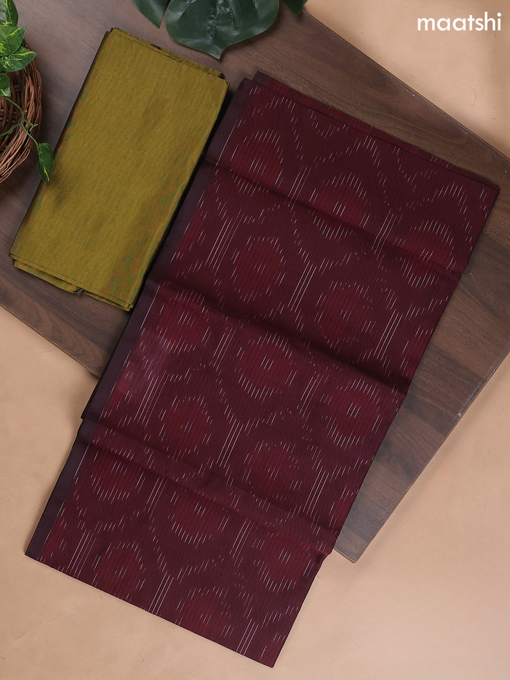 Deep Maroon and Mehendi Green Ikat Dress Material With Ikat Weaves