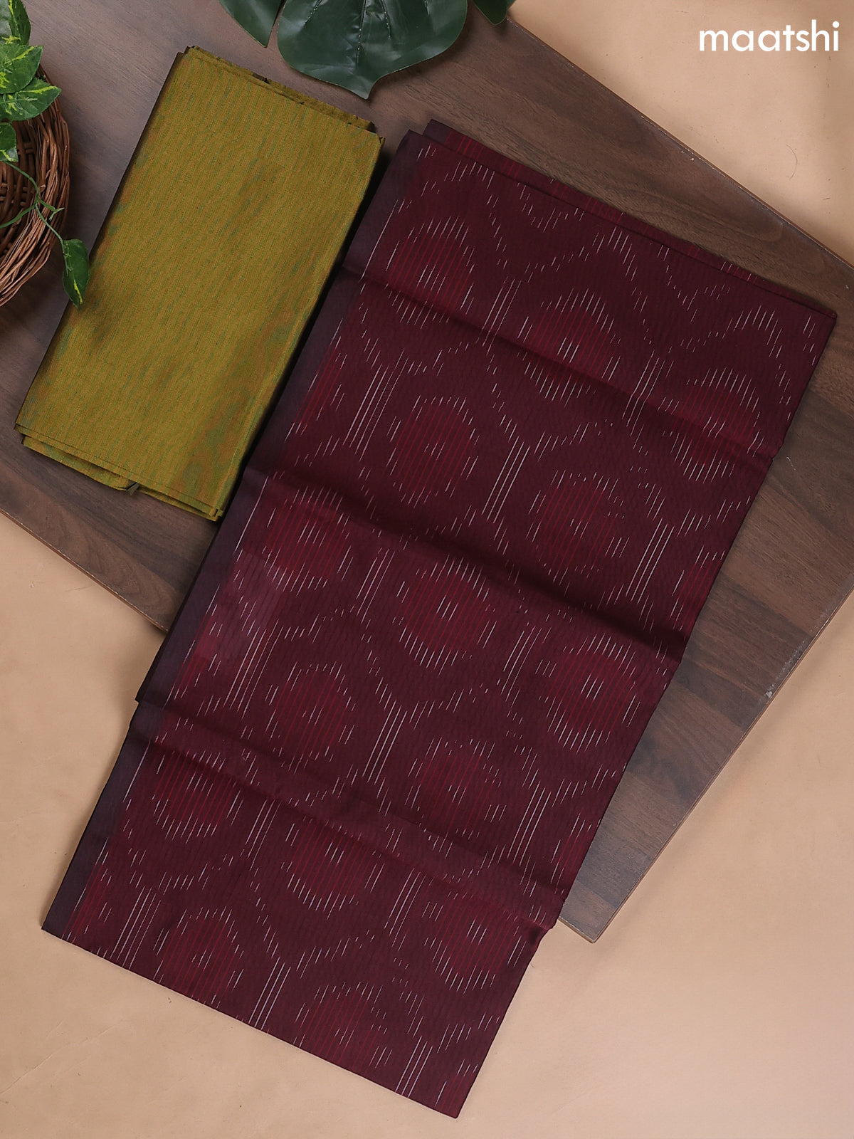 Deep Maroon and Mehendi Green Ikat Dress Material With Ikat Weaves