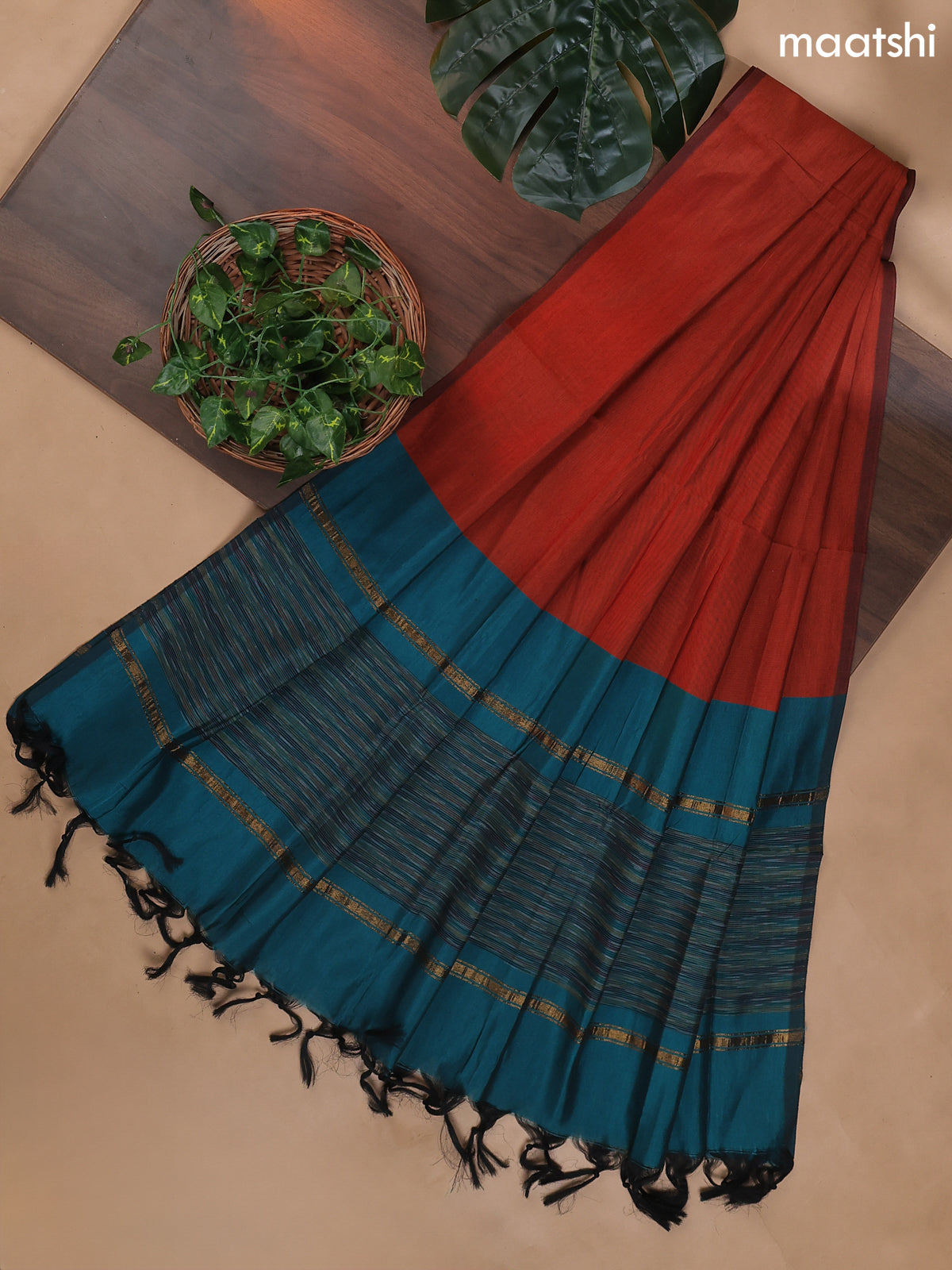 Teal Green and Rust Ikat Dress Material With Ikat Weaves