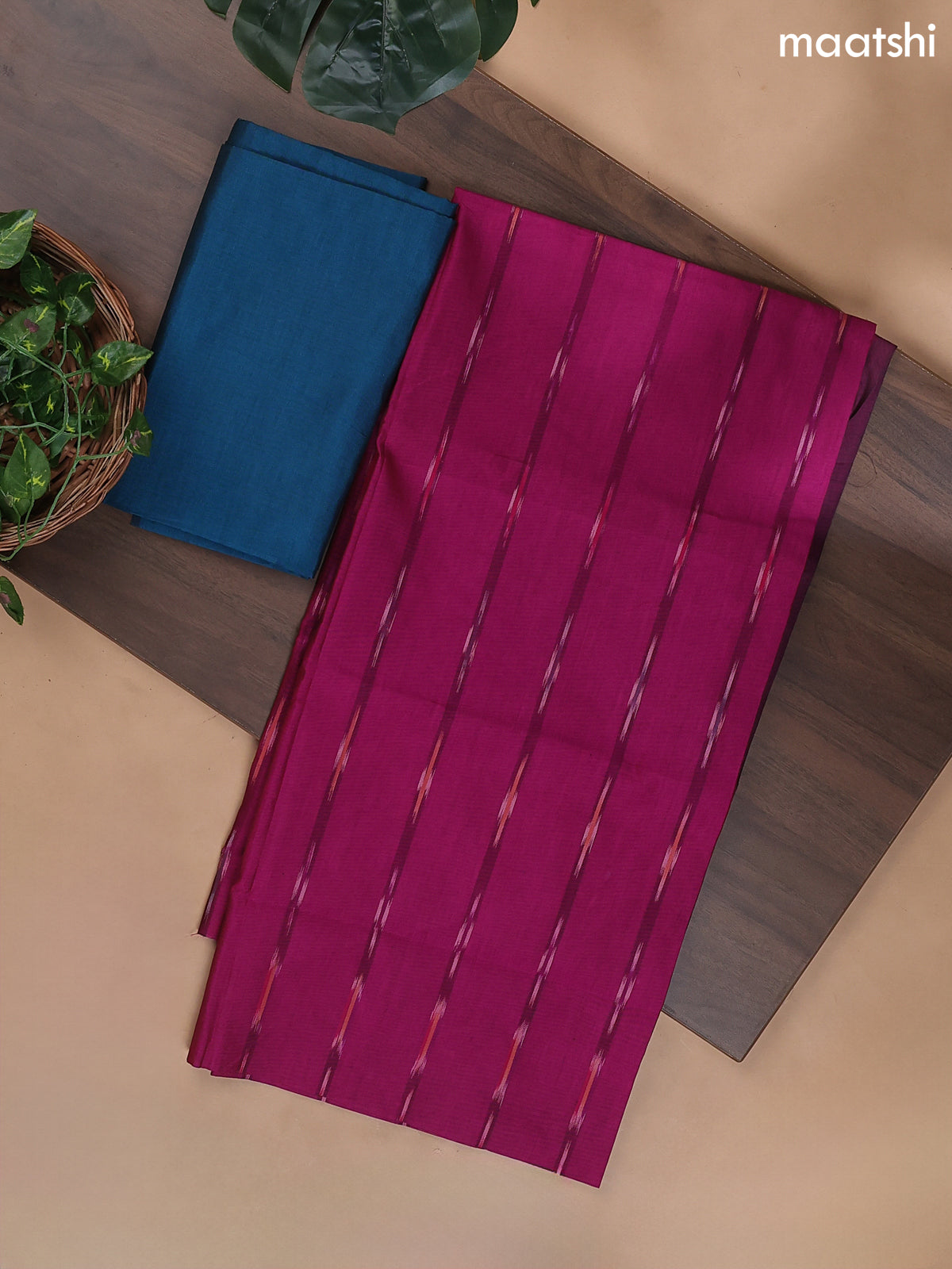 Pink and Teal Blue Ikat Dress Material With Ikat Weaves