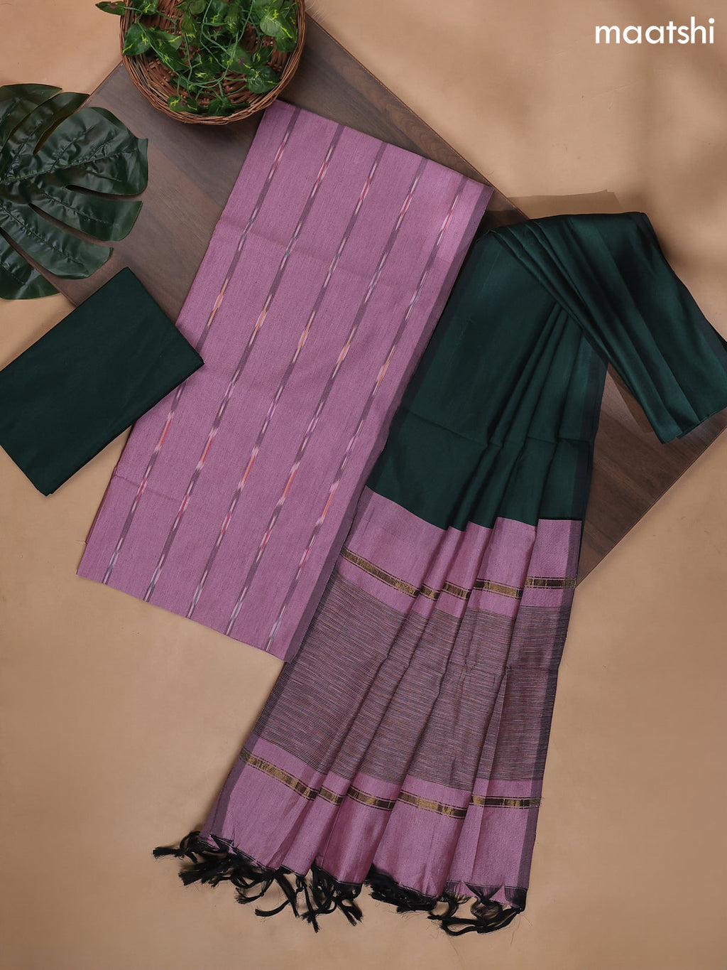 Mauve Pink and Dark Green Ikat Dress Material With Ikat Weaves