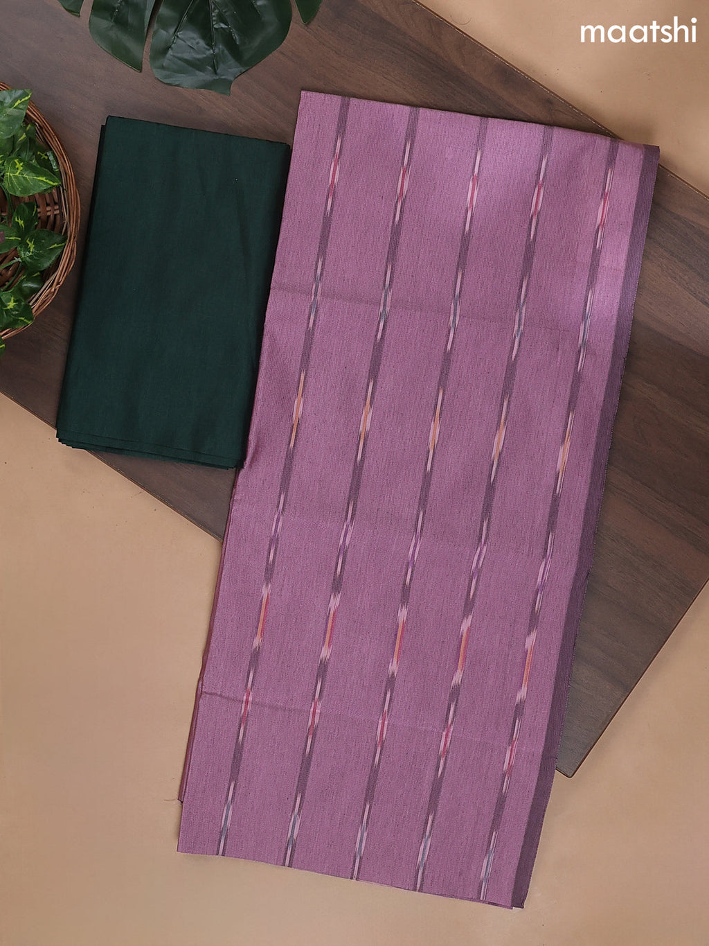 Mauve Pink and Dark Green Ikat Dress Material With Ikat Weaves