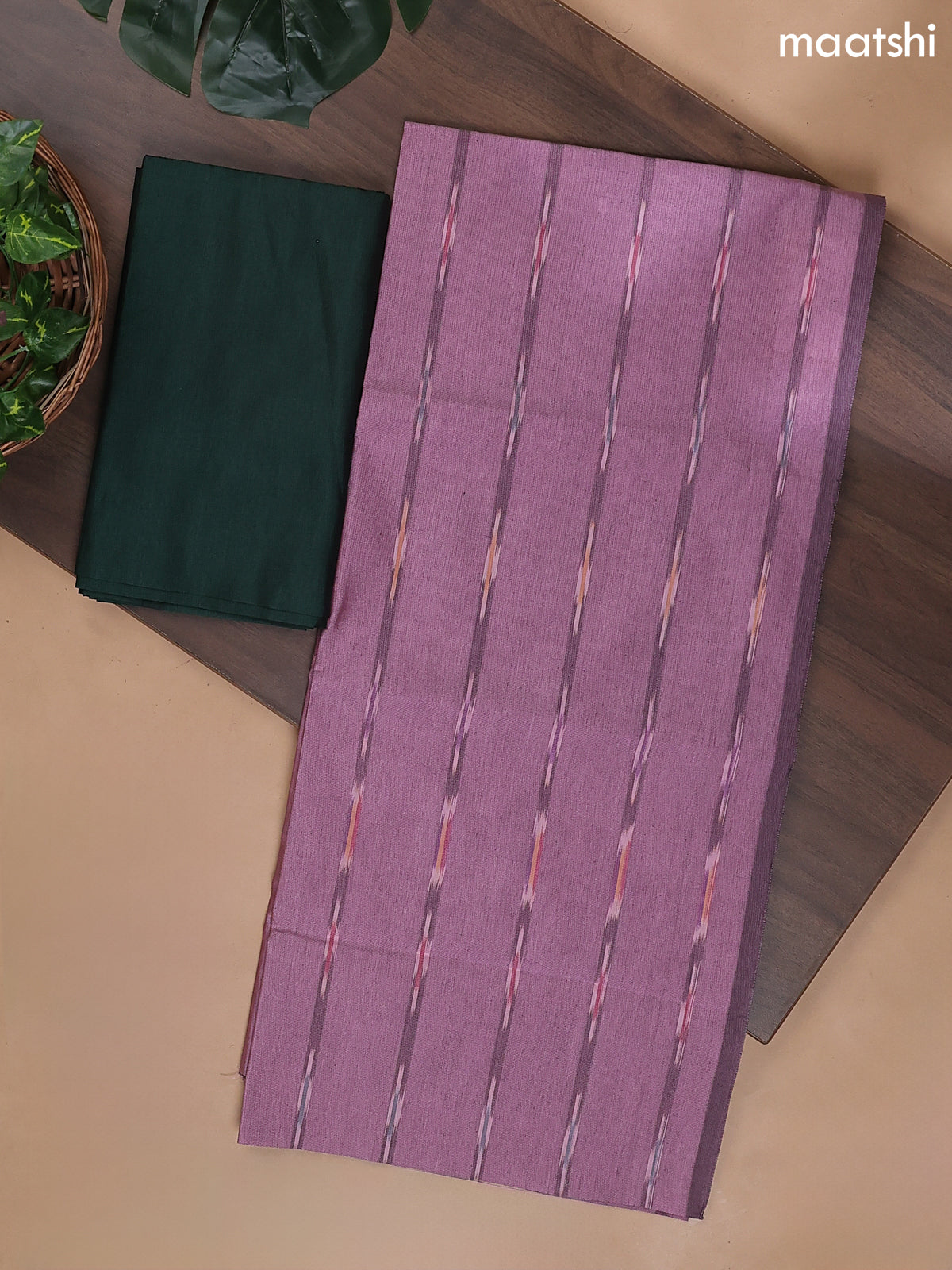 Mauve Pink and Dark Green Ikat Dress Material With Ikat Weaves