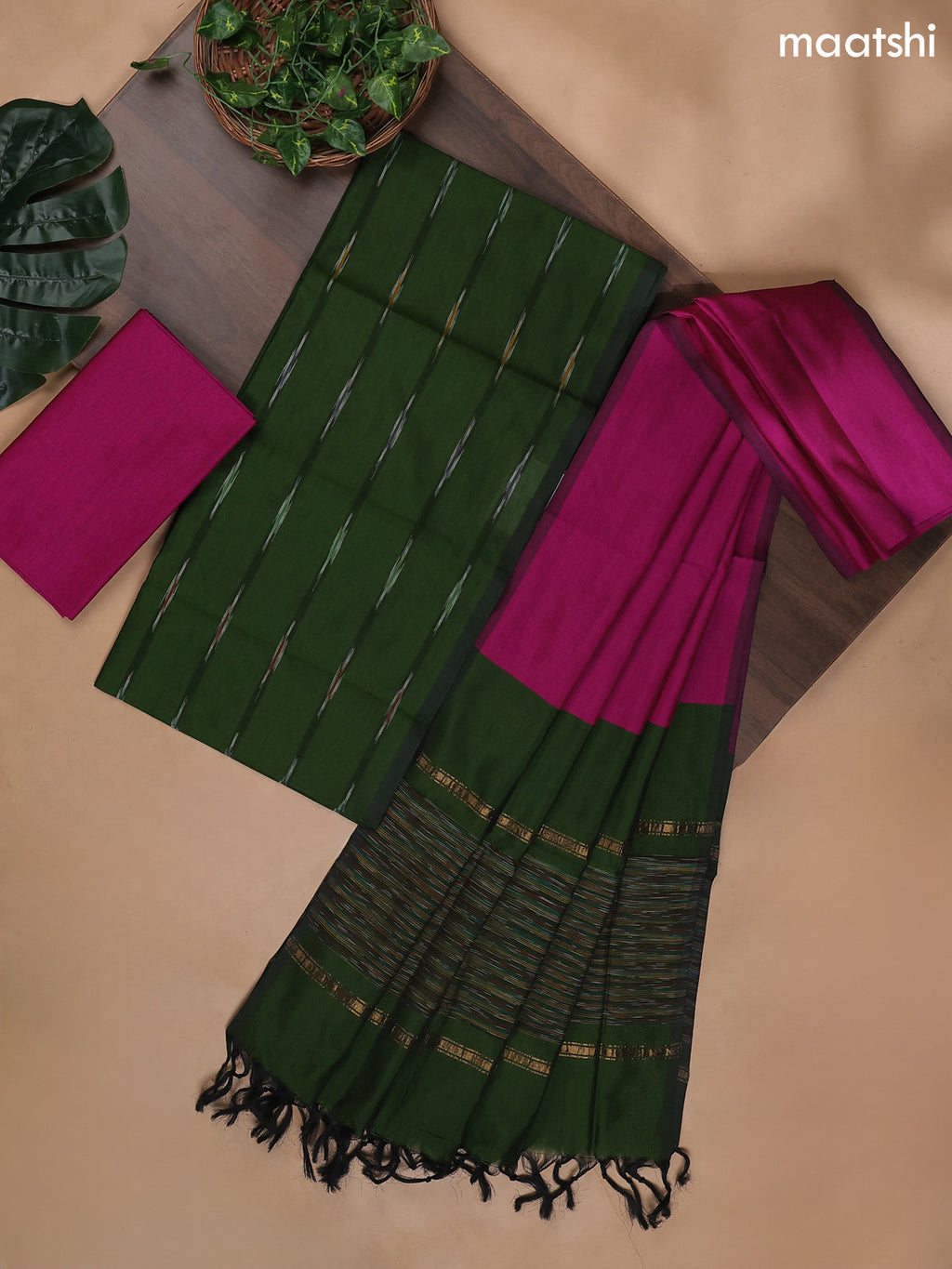 Sap Green and Pink Ikat Dress Material With Ikat Weaves
