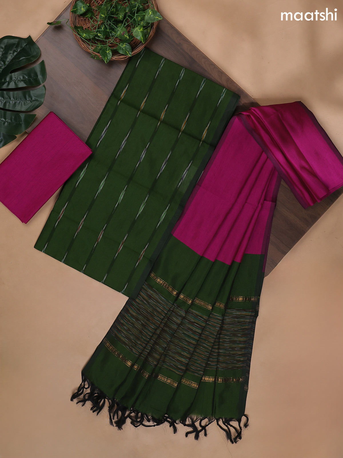 Sap Green and Pink Ikat Dress Material With Ikat Weaves