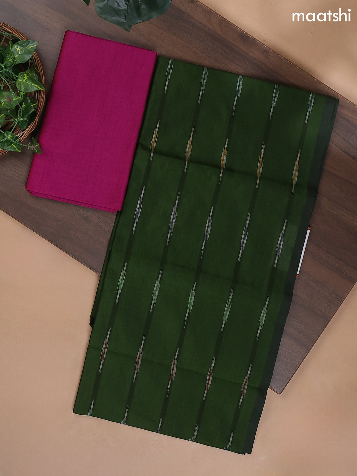 Sap Green and Pink Ikat Dress Material With Ikat Weaves