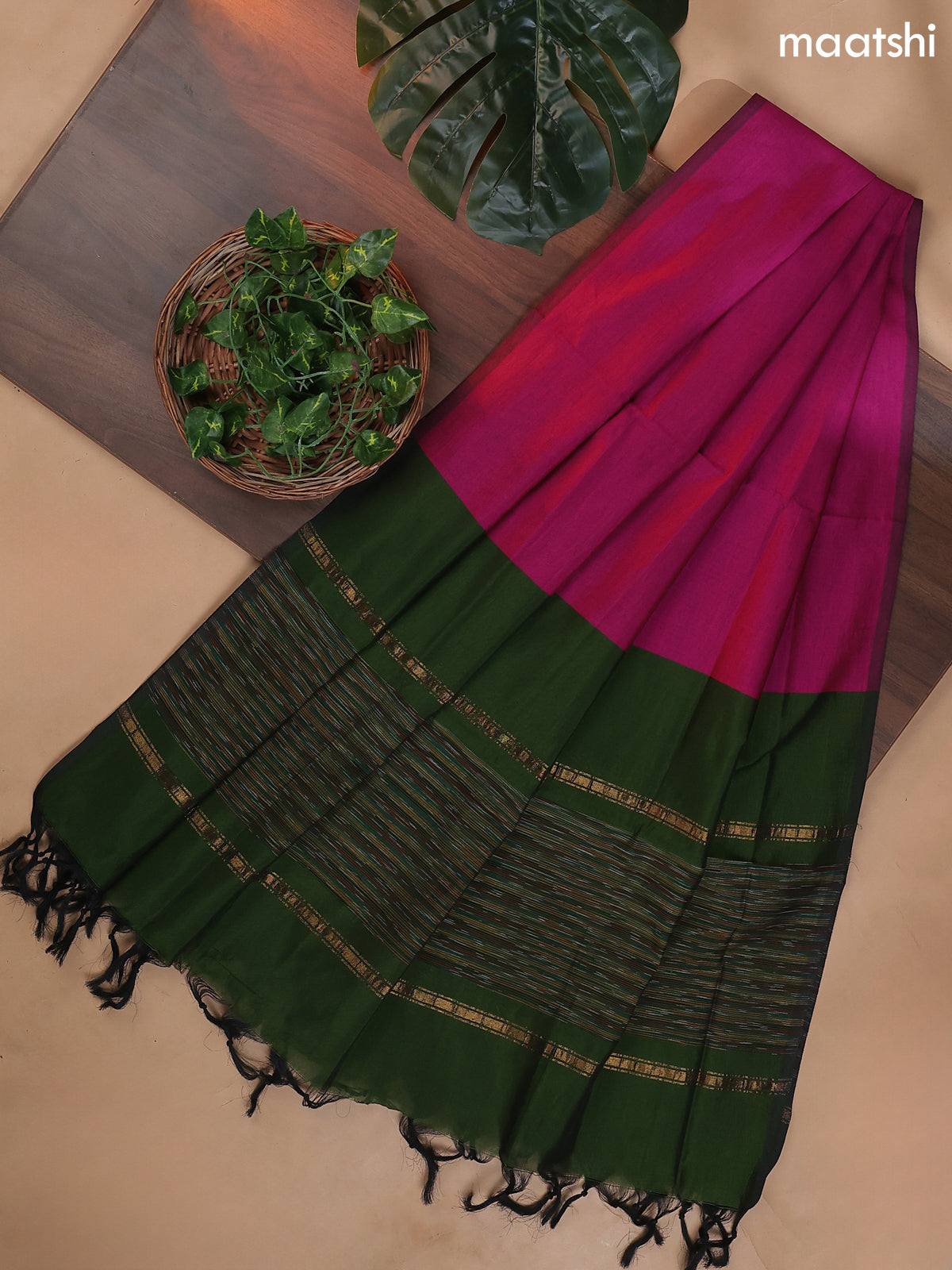 Sap Green and Pink Ikat Dress Material With Ikat Weaves