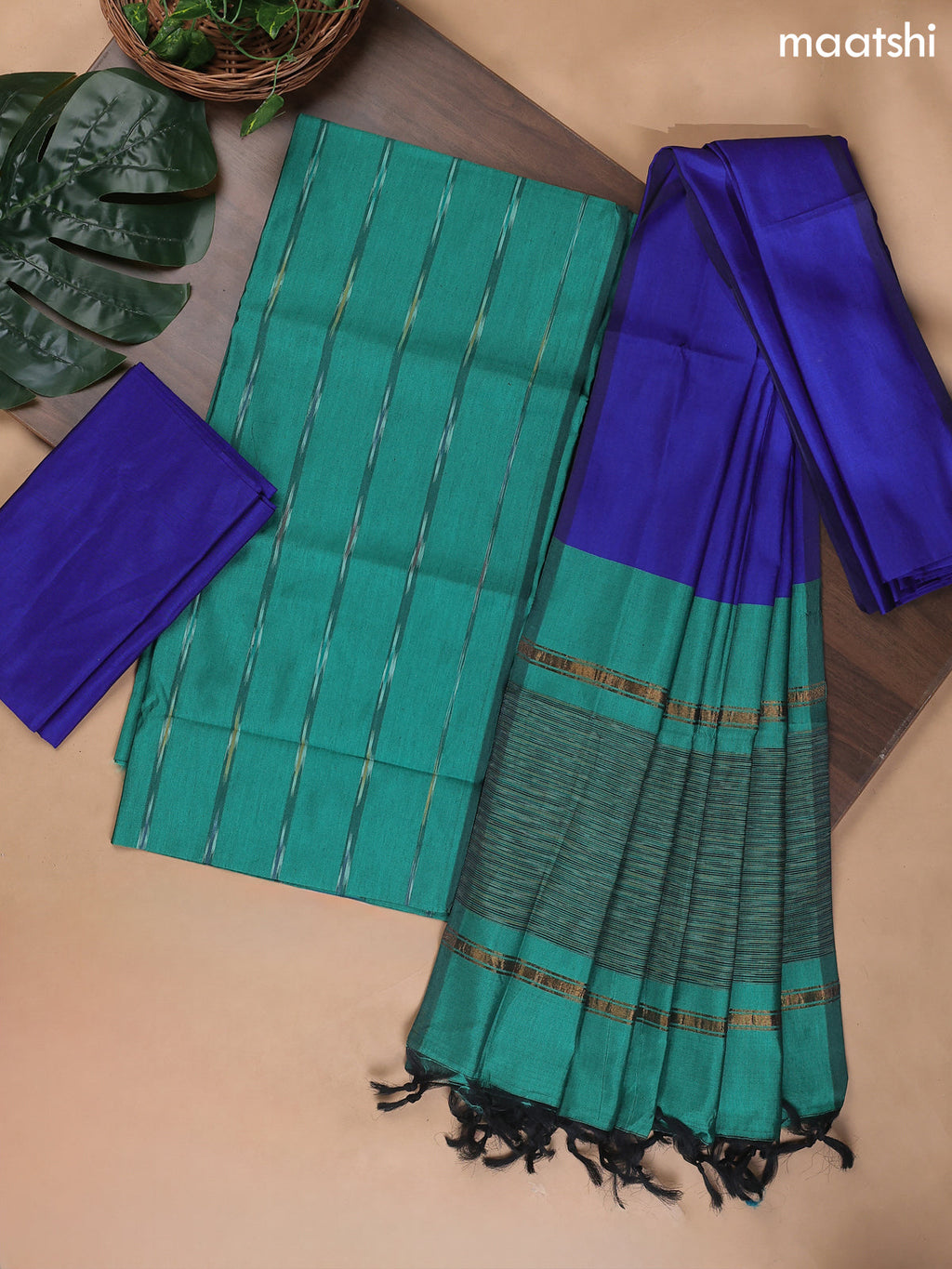 Teal Green and Royal Blue Ikat Dress Material With Ikat Weaves