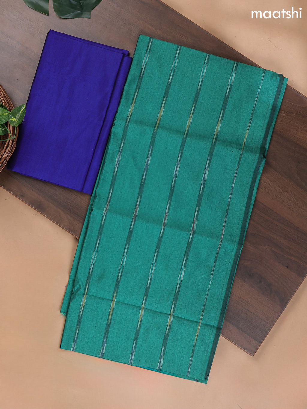 Teal Green and Royal Blue Ikat Dress Material With Ikat Weaves