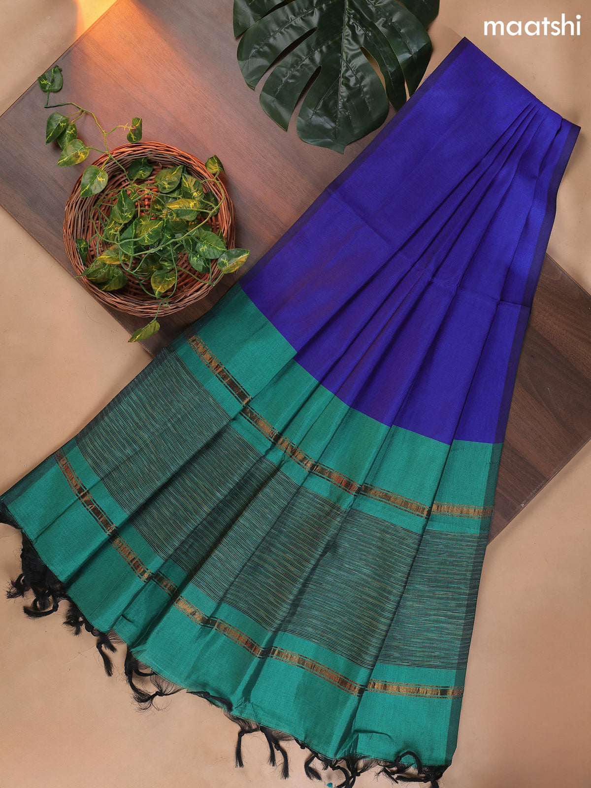 Teal Green and Royal Blue Ikat Dress Material With Ikat Weaves