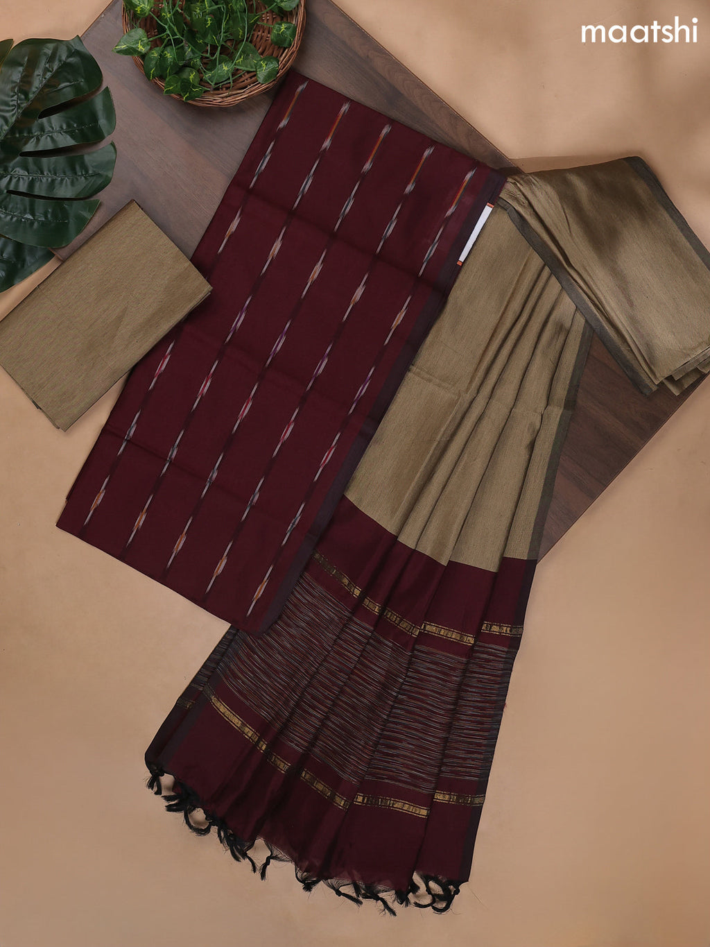 Deep Maroon and Brown Ikat Dress Material With Ikat Weaves
