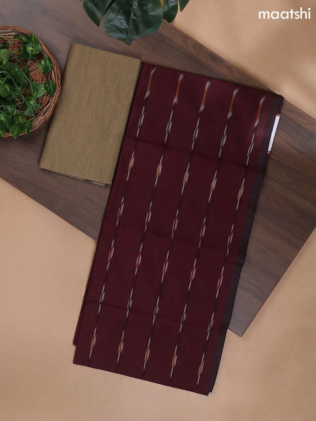 Deep Maroon and Brown Ikat Dress Material With Ikat Weaves