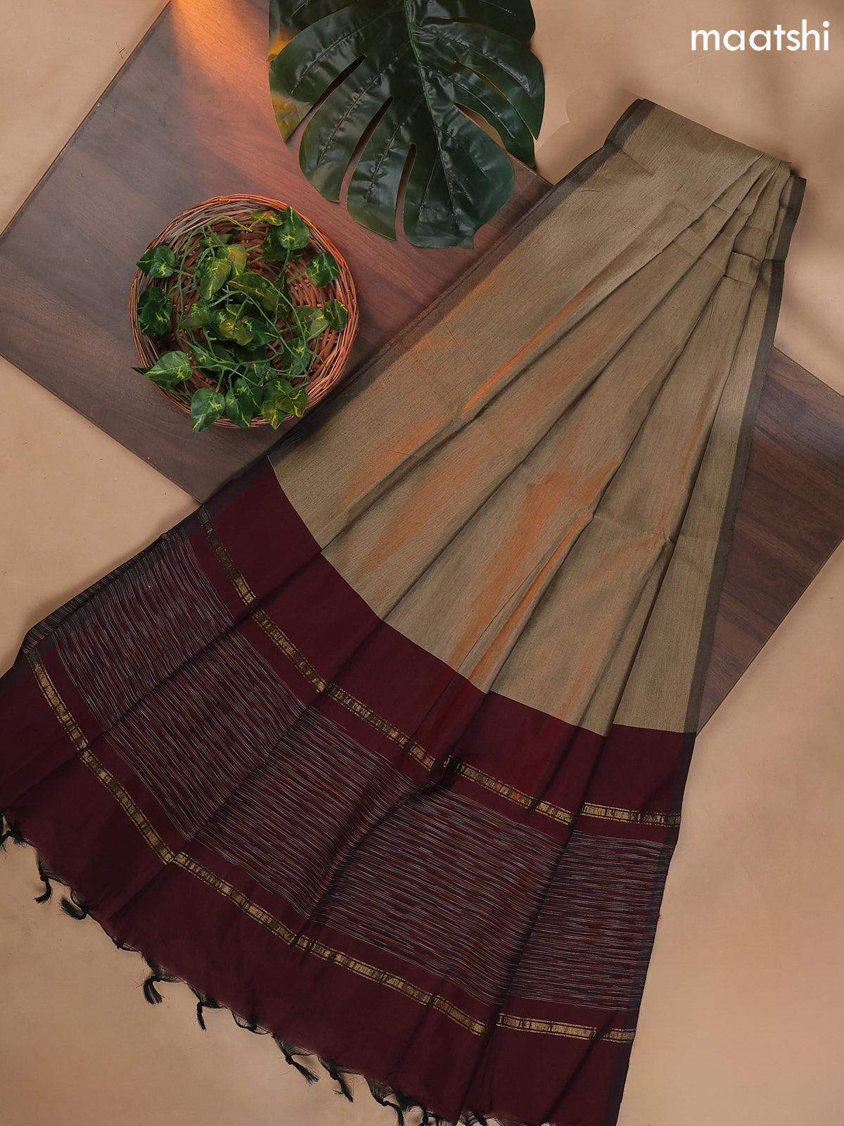 Deep Maroon and Brown Ikat Dress Material With Ikat Weaves