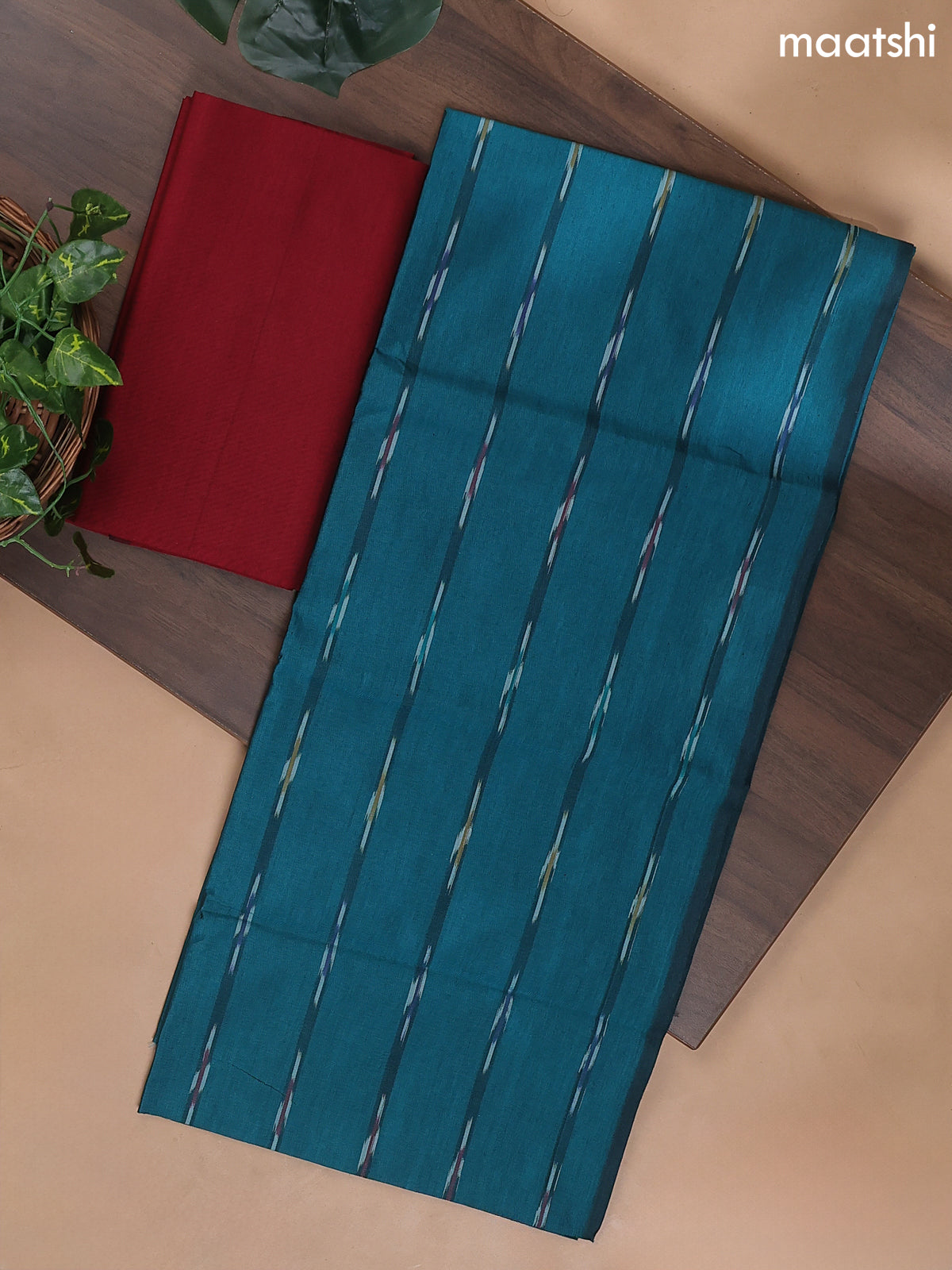 Teal Blue and Maroon Ikat Dress Material With Ikat Weaves