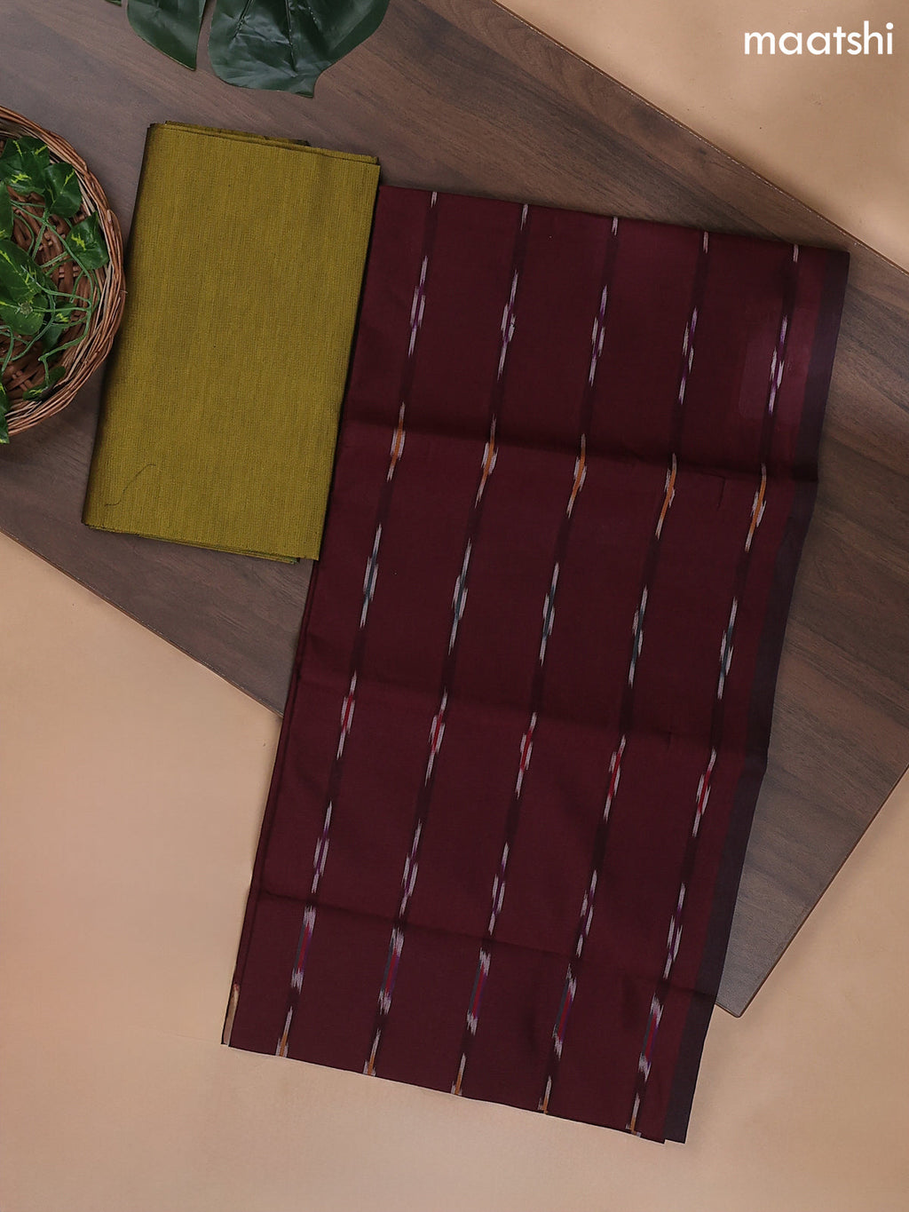 Deep Maroon and Mehendi Green Ikat Dress Material With Ikat Weaves
