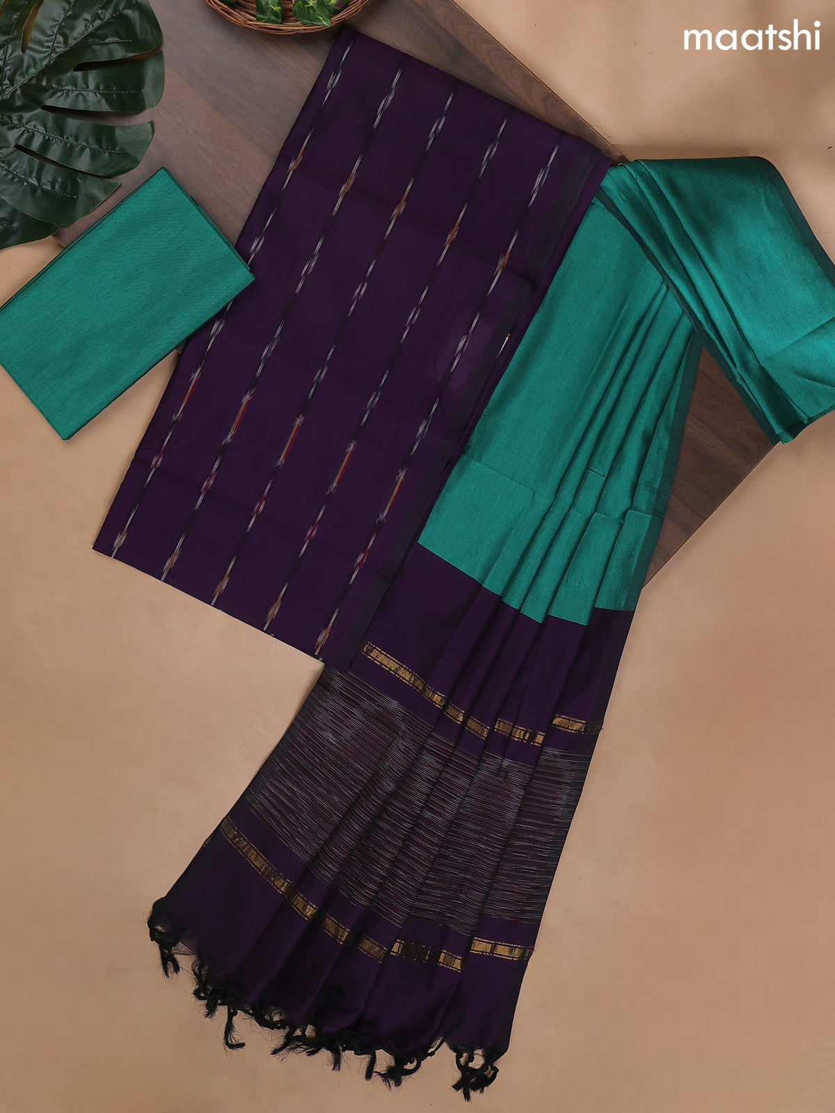 Deep Purple and Teal Green Ikat Dress Material With Ikat Weaves