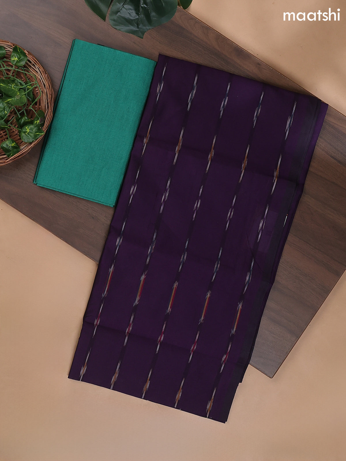 Deep Purple and Teal Green Ikat Dress Material With Ikat Weaves
