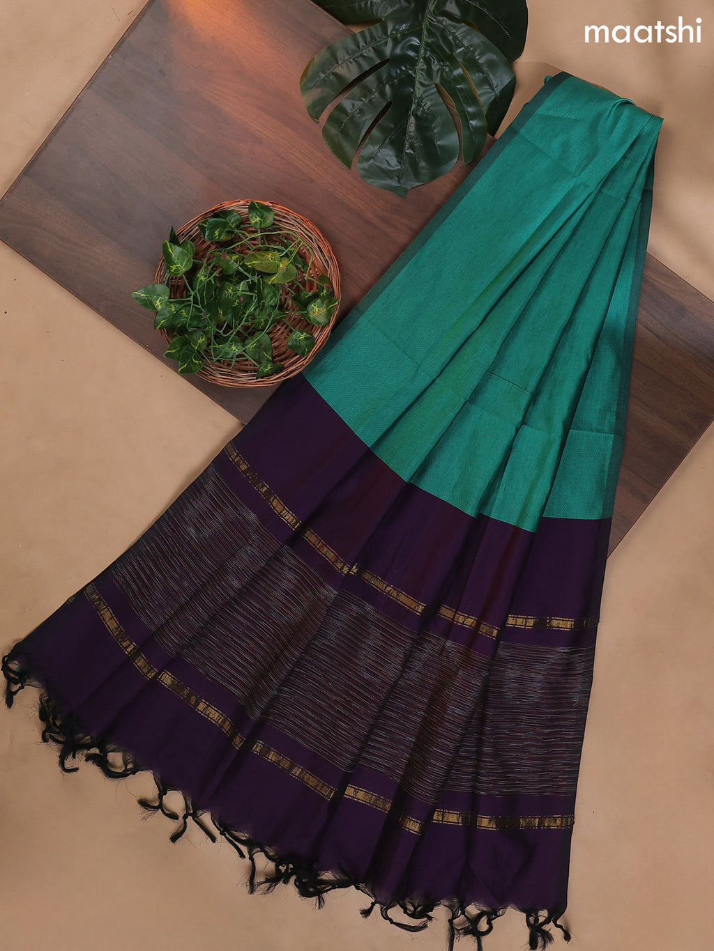 Deep Purple and Teal Green Ikat Dress Material With Ikat Weaves
